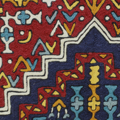 Wollkettenstich-Teppich, (3x5) - Blauer und burgunderroter handgefertigter Kettenstich-Wollteppich (3 x 5)