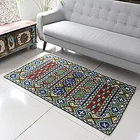 Wool chain stitch rug, 'Kashmiri Emeralds' (3x5) - Green and Burgundy Kashmiri Chain Stitch Wool Rug (3x5)