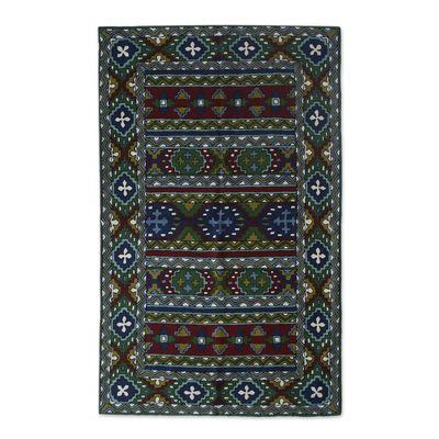 Wollkettenstich-Teppich, (3x5) - Grüner und burgunderroter Kashmiri-Wollteppich mit Kettenstich (3x5)