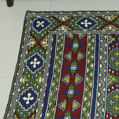 Wool chain stitch rug, 'Kashmiri Emeralds' (3x5) - Green and Burgundy Kashmiri Chain Stitch Wool Rug (3x5)