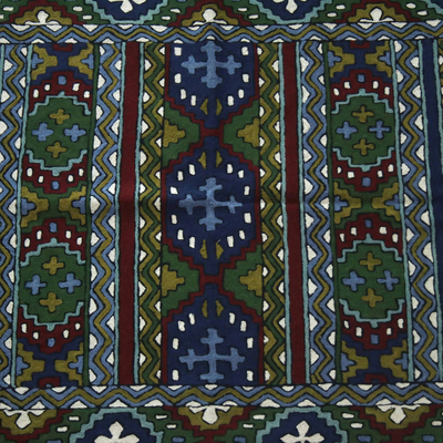 Wollkettenstich-Teppich, (3x5) - Grüner und burgunderroter Kashmiri-Wollteppich mit Kettenstich (3x5)