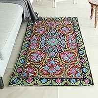 Wool chain stitch rug, 'Kashmir Festival' (3x5) - Handcrafted Floral Geometric 3 by 5 Ft Chain Stitch Rug