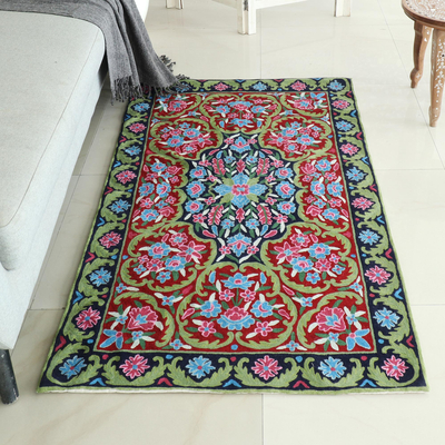 Wool chain stitch rug, 'Kashmir Festival' (3x5) - Handcrafted Floral Geometric 3 by 5 Ft Chain Stitch Rug