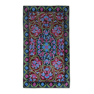 Wool chain stitch rug, 'Kashmir Festival' (3x5) - Handcrafted Floral Geometric 3 by 5 Ft Chain Stitch Rug