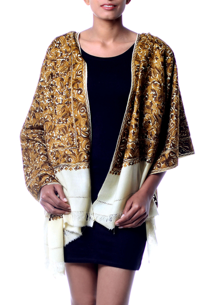 Wool shawl, 'Golden Chrysanthemums' - Chain Stitch Embroidered Brown and Yellow Floral Shawl