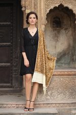 Wool shawl, 'Golden Chrysanthemums' - Chain Stitch Embroidered Brown and Yellow Floral Shawl