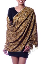 Wool shawl, 'Golden Chrysanthemums' - Chain Stitch Embroidered Brown and Yellow Floral Shawl