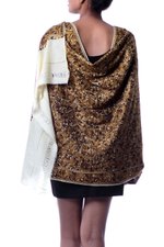 Wool shawl, 'Golden Chrysanthemums' - Chain Stitch Embroidered Brown and Yellow Floral Shawl