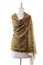 Wool shawl, 'Golden Chrysanthemums' - Chain Stitch Embroidered Brown and Yellow Floral Shawl