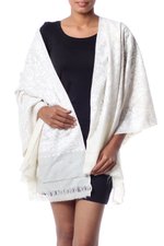 Wool shawl, 'Snowy Chrysanthemums' - White on Cream Floral Chain Stitch Embroidered Shawl