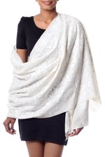 Wool shawl, 'Snowy Chrysanthemums' - White on Cream Floral Chain Stitch Embroidered Shawl