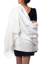 Wool shawl, 'Snowy Chrysanthemums' - White on Cream Floral Chain Stitch Embroidered Shawl