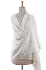 Wool shawl, 'Snowy Chrysanthemums' - White on Cream Floral Chain Stitch Embroidered Shawl