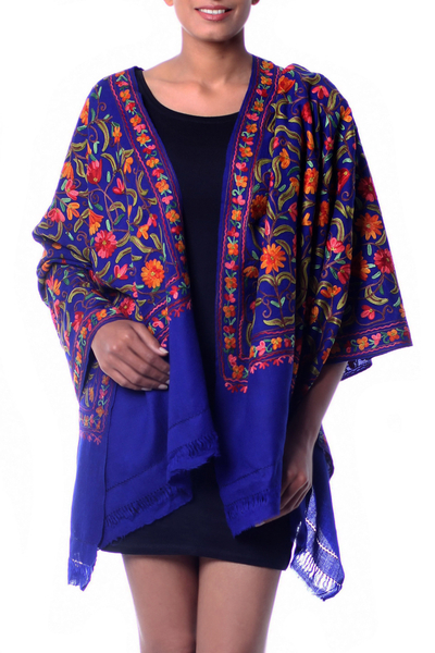 Wool shawl, 'Colorful Crocus' - Blue Floral Shawl with Colorful Chain Stitch Embroidery