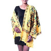 Wool shawl, 'Flowers in the Sun' - India Yellow Floral Shawl with Chain Stitch Embroidery