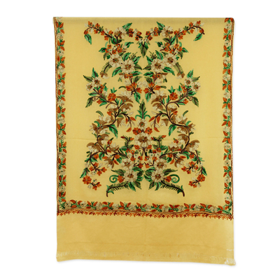 Wool shawl, 'Flowers in the Sun' - India Yellow Floral Shawl with Chain Stitch Embroidery