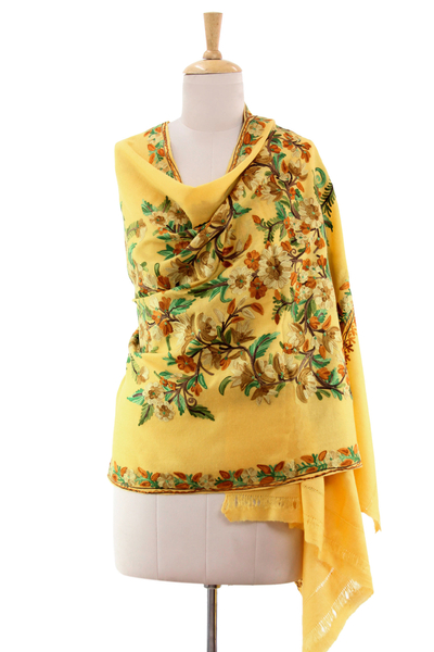 Chal de lana - Chal India Floral Amarillo con Bordado Punto Cadeneta