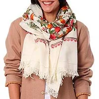 Wool shawl, 'Amber Magic' - Artisan Made Off White Shawl with Flowers from India