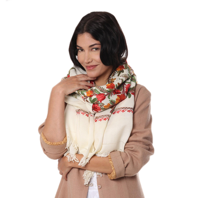 Wool shawl, 'Amber Magic' - Artisan Made Off White Shawl with Flowers from India