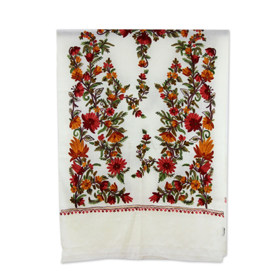 Wool shawl, 'Amber Magic' - Artisan Made Off White Shawl with Flowers from India