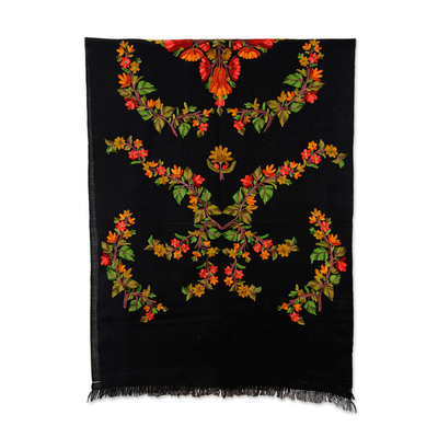 Wool shawl, 'Kaleidoscope Daffodils' - Multicolor Flowers Embroidered on Black Wool Shawl