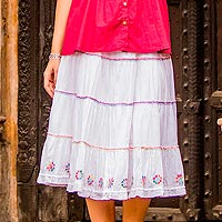 Cotton skirt, 'Colorful Blossoms' - Cotton Floral Embroidered Skirt in Snow White from India