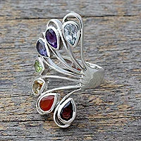 Multi-gemstone chakra ring, 'Harmonious Wisdom' - Multi-gemstone .925 Silver Ring Chakra Jewellery from India