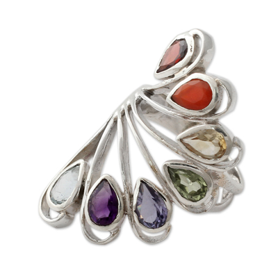 Multi-gemstone chakra ring, 'Harmonious Wisdom' - Multi-gemstone .925 Silver Ring Chakra Jewelry from India