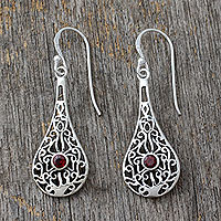 Garnet dangle earrings, 'Scarlet Flames' - Sterling Silver Openwork Earrings with Garnets