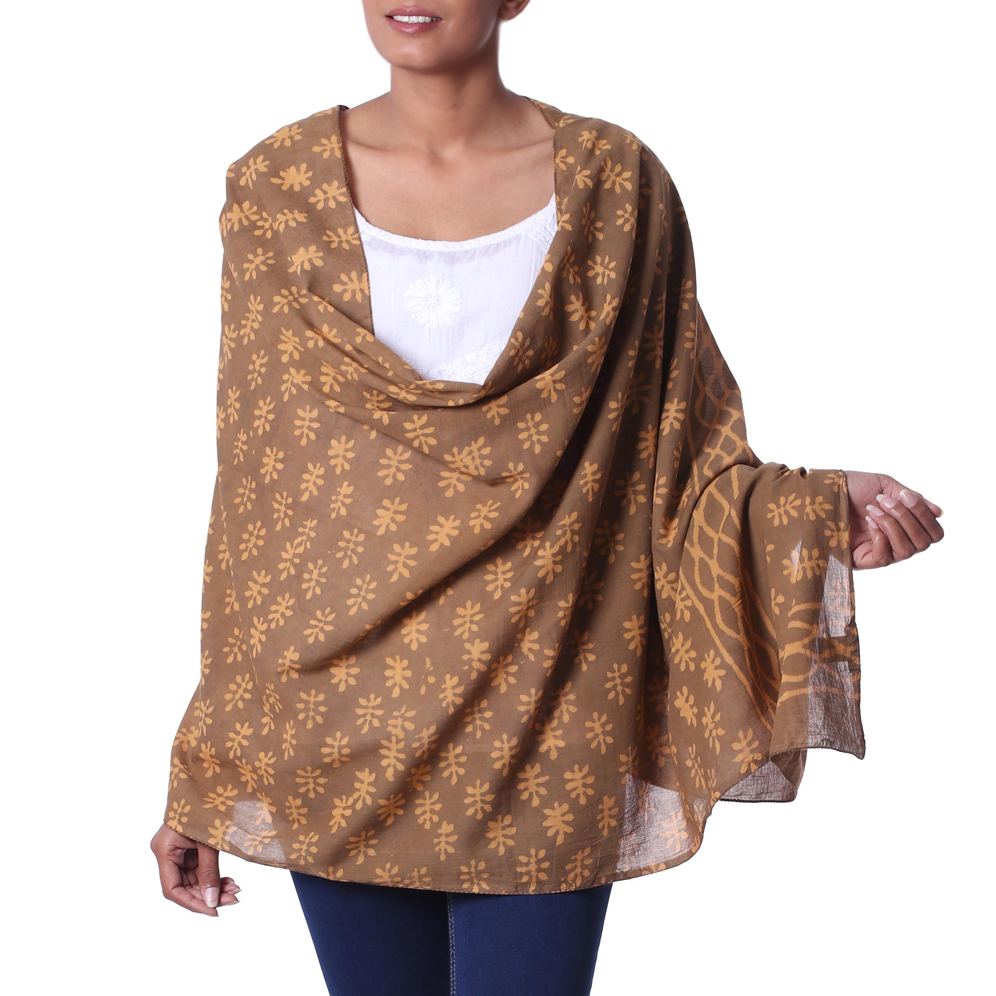 Brown Mud Resist Dabu Print Cotton Shawl from India - Golden Dabu ...