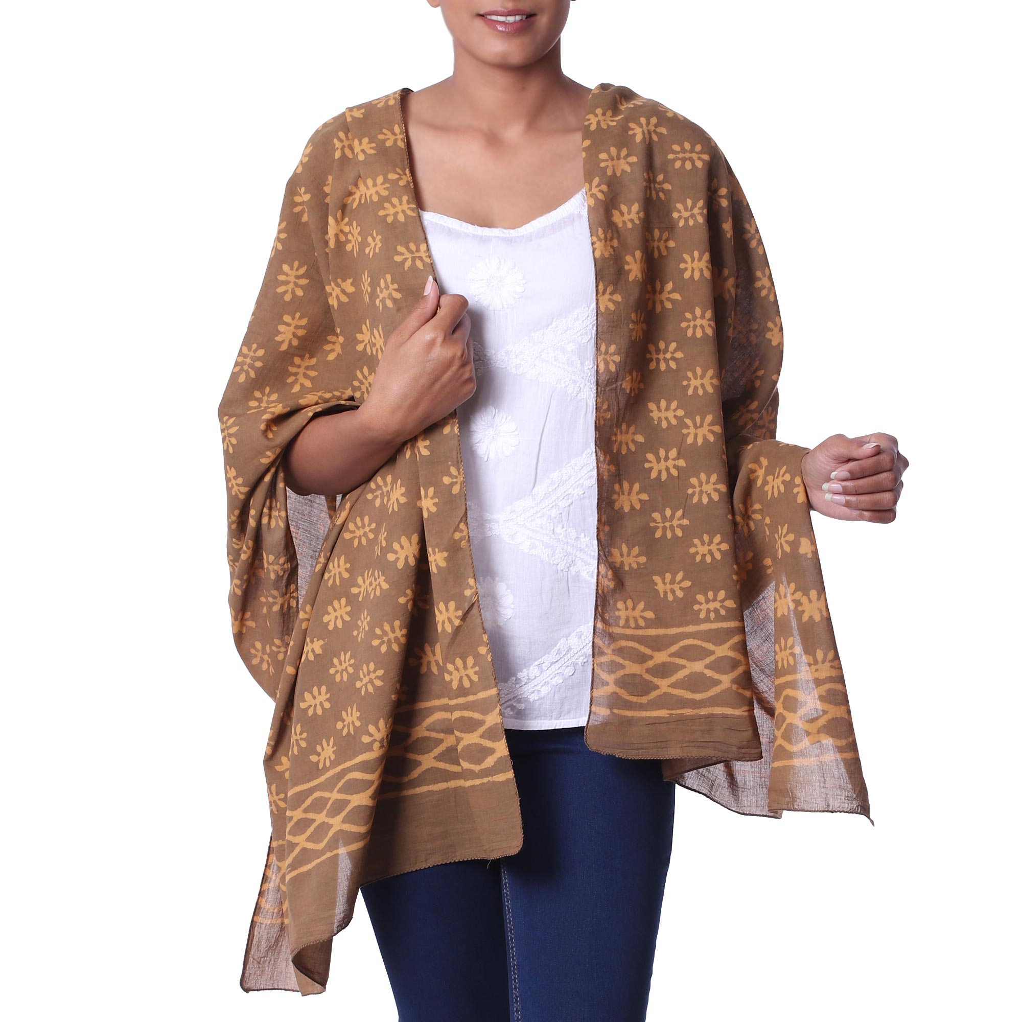 Brown Mud Resist Dabu Print Cotton Shawl from India - Golden Dabu ...