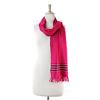 Wool scarf, 'Fuchsia Kutch Splendor' - Hand Woven Fuchsia Wool Scarf with Multi Color Bands