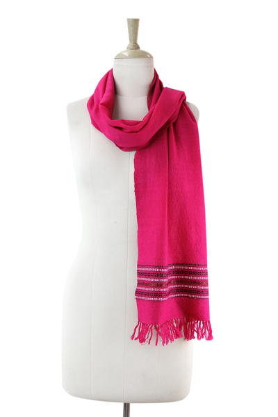 Wool scarf, 'Fuchsia Kutch Splendor' - Hand Woven Fuchsia Wool Scarf with Multi Color Bands