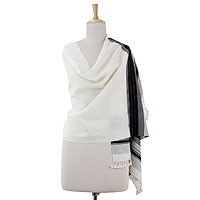 Wool shawl, 'Kutchi Harmony' - Fair Trade Black and Off White Shawl Hand Woven Wool