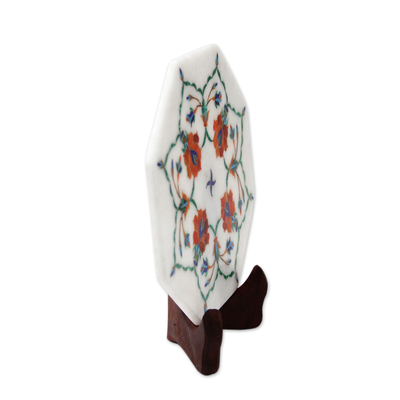 Marble inlay decorative plate, 'Floral Maze' - Floral Inlay on Marble Decorative Plate with Stand