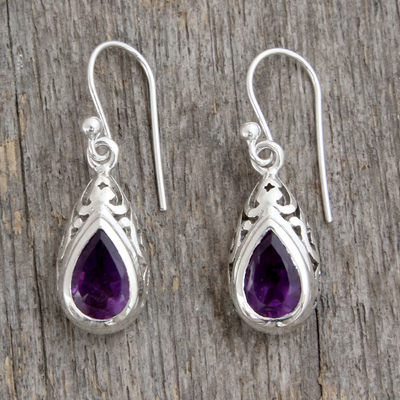 Amethyst dangle earrings, 'Mughal Adoration' - Fair Trade Amethyst and Sterling Silver Earrings from India