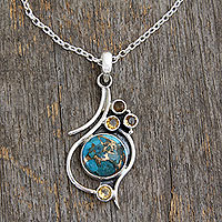 .925 Silver Necklace with Citrine and Composite Turquoise,'Golden Sky'