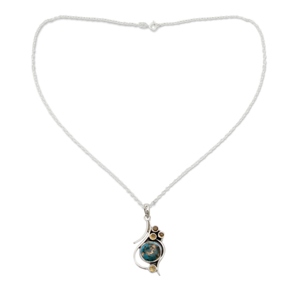 Citrine pendant necklace, 'Golden Sky' - .925 Silver Necklace with Citrine and Composite Turquoise