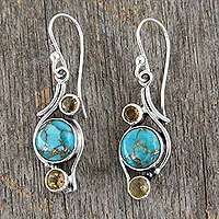 Citrine dangle earrings, 'Golden Sky' - .925 Silver Earrings with Citrine and Composite Turquoise