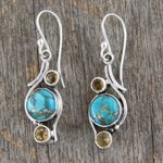 Citrine dangle earrings, 'Golden Sky' - .925 Silver Earrings with Citrine and Composite Turquoise