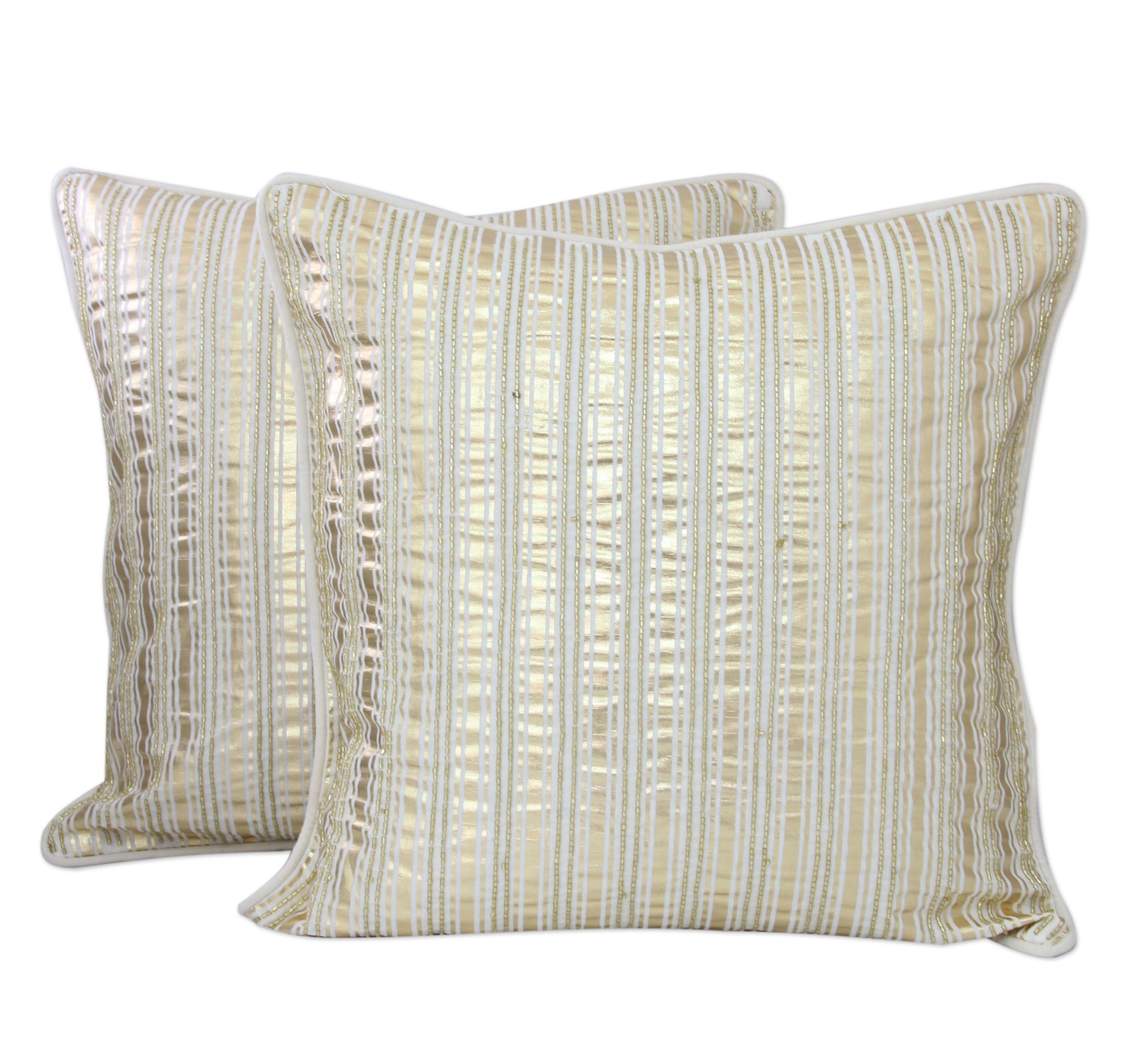 Gold on Off White Cotton Cushion Covers with Beadwork (Pair) Golden