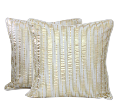 Cotton cushion covers, 'Golden Parallels' (pair) - Gold on Off White Cotton Cushion Covers with Beadwork (Pair)
