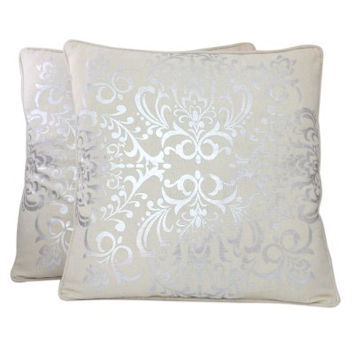 Cotton cushion covers, 'Silver Celebration' (pair) - Silver Flowers on Off White Cushion Covers from India (Pair)