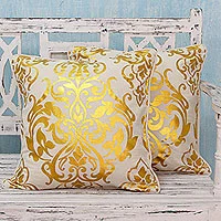 Cotton cushion covers, 'Golden Kaleidoscope' (pair) - Golden Print on Cotton Cushion Covers from India (Pair)