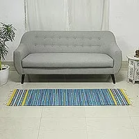 Cotton rug, 'Sky Over Kutch' (2x3) - Indian Handwoven Blue and Yellow Striped Dhurrie Rug (2 x 3)