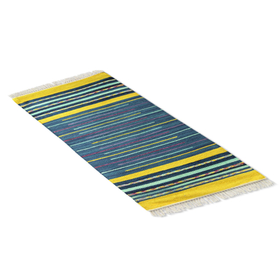 Cotton rug, 'Sky Over Kutch' - Indian Handwoven Blue and Yellow Striped Dhurrie Rug