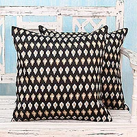 Embroidered cushion covers, 'Midnight Desert' (pair) - Embroidered Beige Stars on Black Satin Cushion Covers (Pair)