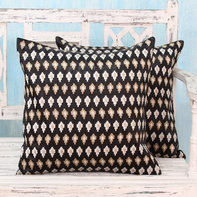 Embroidered cushion covers, 'Midnight Desert' (pair) - Embroidered Beige Stars on Black Satin Cushion Covers (Pair)
