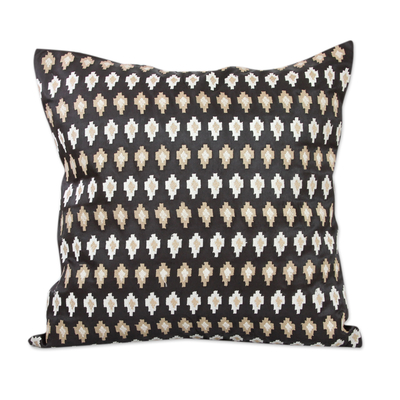 Embroidered cushion covers, 'Midnight Desert' (pair) - Embroidered Beige Stars on Black Satin Cushion Covers (Pair)
