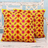 Embroidered cushion covers, 'Holi Stars' (pair) - Multi Color Stars over Yellow Satin Cushion Covers (Pair)